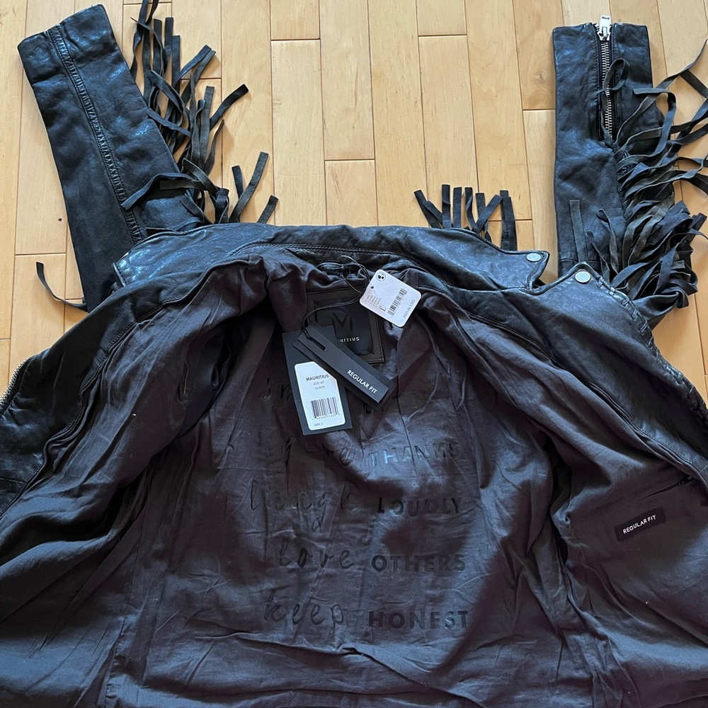 Mauritius (purchased online from Free People) Black Leather Zoey Fringe Jacket - Picture 9 of 14